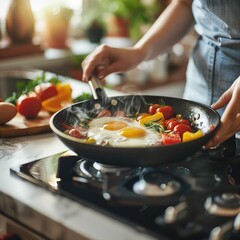 Woman preparing a protein-rich meal with eggs, detailed kitchen scene, focus on diet and nutrition