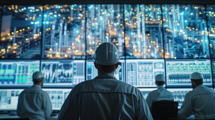 Technicians monitoring real-time pollution data on screens in a control room, ensuring compliance with environmental standards