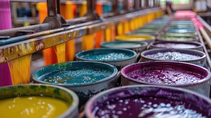 Textile dyeing and finishing plant with colorful fabrics being processed through various stages.