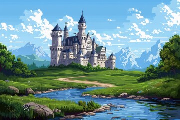 Naklejka premium A majestic fairytale castle nestled in a lush green landscape with a tranquil river flowing by and mountains in the background.
