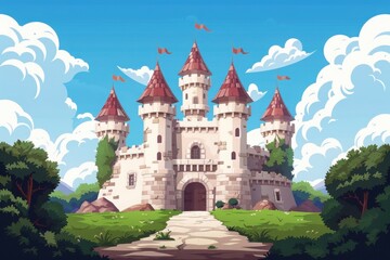 Beautiful cartoon castle with towers set in a green landscape under a blue sky with clouds.