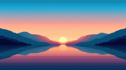 Fototapeta premium Beautiful illustration of a serene sunset over a calm lake with mountains in the background, showcasing vibrant colors and tranquil scenery.