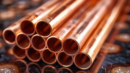 Copper Tubes Stacked in Warehouse. Copper tubes neatly stacked in a warehouse, showing their polished exteriors and uniform shapes, ready for various industrial uses.