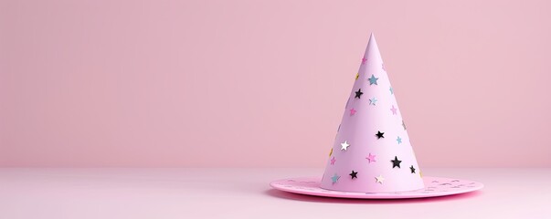 3D witch hat with stars on a lavender background, left side blank space for description