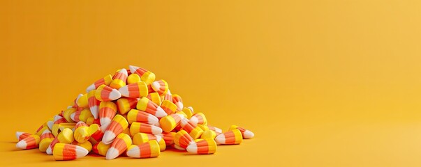 3D candy corn pile on a vivid yellow background, left side blank space for marketing