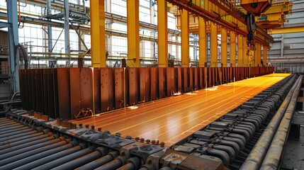 Obraz premium Hot Copper Plates on Production Line. Hot copper plates on a production line in a factory, showing the intense heat and bright glow during the copper processing stage.