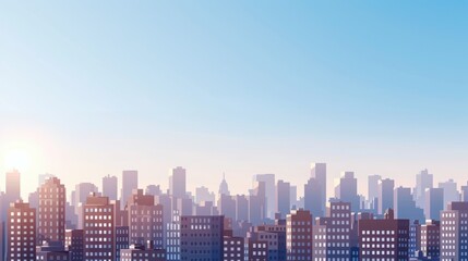 Fototapeta premium Sunrise over a modern city skyline with clear blue skies, showcasing tall buildings and a serene urban landscape.