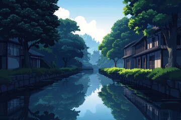 Obraz premium Tranquil riverside scene featuring traditional Japanese architecture and lush greenery, reflecting in calm water under a clear sky.