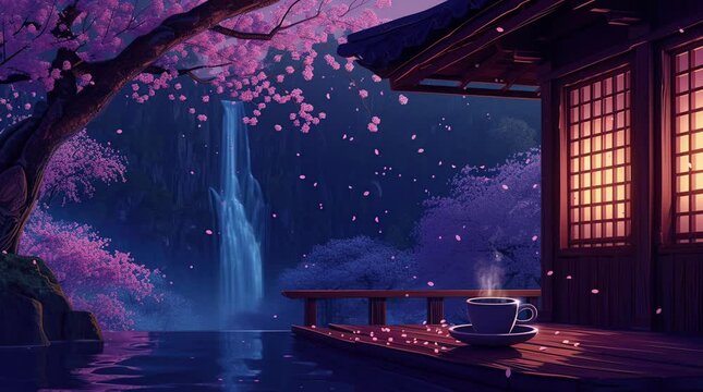 Magical coffee moment on a balcony overlooking a waterfall in a fantasy night landscape, creating a serene and enchantingSeamless looping 4k time-lapse virtual video animation background. Generated AI