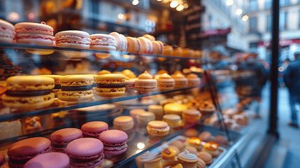Fototapeta premium A charming Parisian bakery display featuring colorful macarons, exquisite pastries, and French treats within a glass case, capturing the lively and tempting atmosphere of Parisian dining culture.