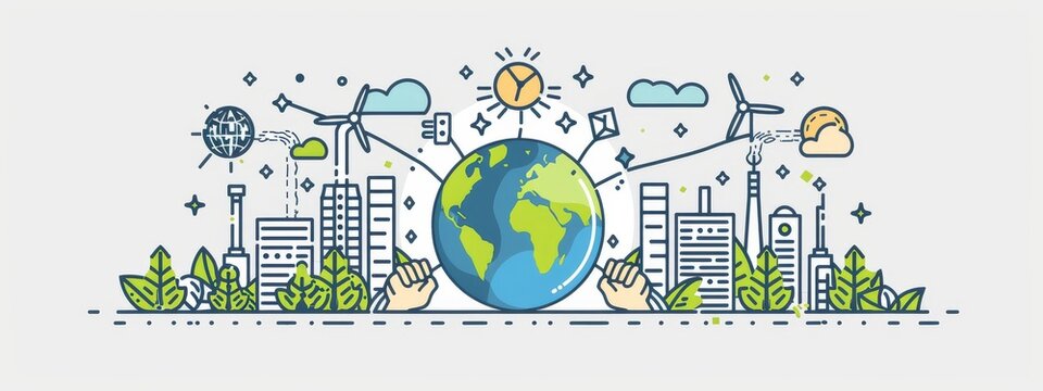 Sustainable world concept with cityscape and green technology line art illustration