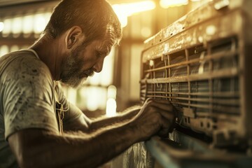 Naklejka premium A dedicated mechanic working on an engine in a sunlit workshop, showcasing the essence of manual labor and the craftsmanship involved.