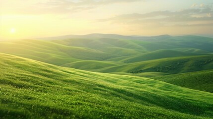 Obraz premium A serene landscape of rolling green hills bathed in warm sunlight, under a partly cloudy sky, creating a tranquil and picturesque scene.