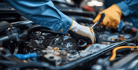 Expert mechanic in blue uniform using tools to fix car engine in garage close up of hands with gloves repairing vehicle under open hood in detailed vector image