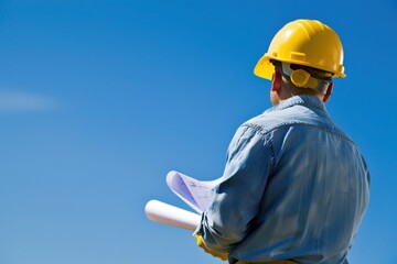 Construction worker holding blueprints and wearing a yellow hard hat, looking at the clear blue sky, symbolizing planning and progress.