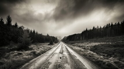 Dramatic black and white landscape of an empty, winding road through a dense forest under a cloudy, stormy sky.