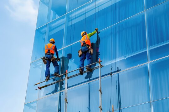 Construction workers cleaning the glass facade of a tall building using suspended scaffolding with safety equipment.