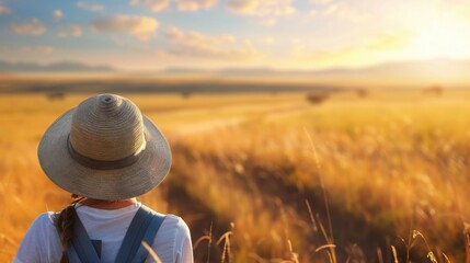 Person enjoying a golden sunset over a vast, tranquil field, embracing nature's beauty and serenity in a rural landscape.