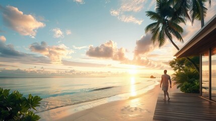 Serene beachfront scene with a person walking along the shore at sunset, next to a tropical villa surrounded by palm trees.