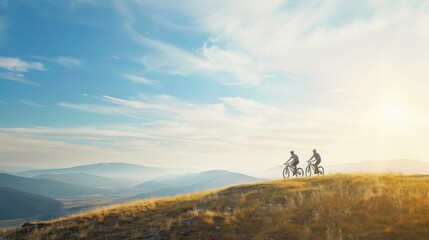 Two cyclists enjoy a scenic mountain bike ride at dawn with a beautiful sky, capturing the essence of adventure and exploration.