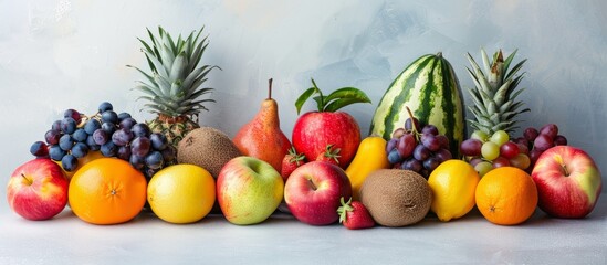 A collection of various fruits on a white background, with apples and pears in the center, surrounded by watermelons, grapes, oranges, lemons, pineapples, and more. Isolated on a pastel background.