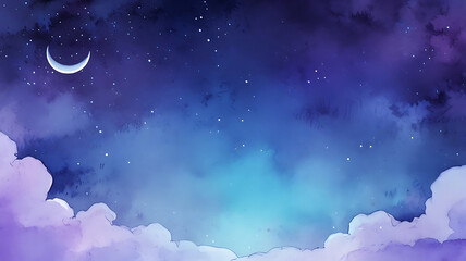 Naklejka premium A watercolor background depicting a night sky with stars, a moon, and gentle gradients of deep blues and purples. Provide ample copy space for text. 