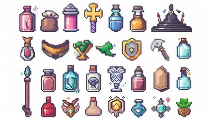 A collection of colorful pixel art icons featuring various fantasy items like potions, shields, amulets, and more, perfect for game design.