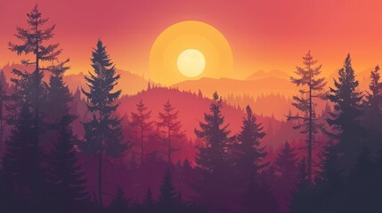 vibrant sunset over serene forest landscape, towering trees silhouetted against colorful sky sun setting behind mountains.