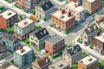 Aerial view of a colorful residential neighborhood with modern houses, streets, and green spaces on a sunny day.