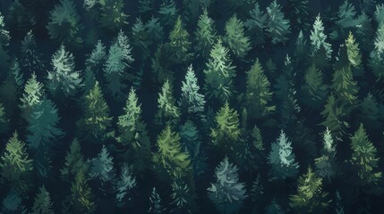Aerial view of a dense evergreen forest with varying shades of green foliage, depicting the beauty of untouched nature and tranquility.