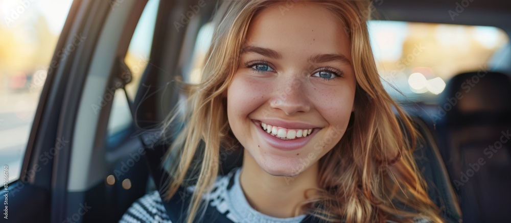 Poster A woman with long blonde hair is smiling in a car. She is wearing a blue shirt and is looking at the camera