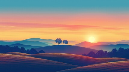 Beautiful sunset over rolling hills with vivid colors and silhouetted trees in the distance. Tranquil landscape scene.