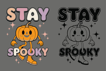 Whistling Pumpkin  cartoon retro groovy Vintage Halloween Vector Illustration