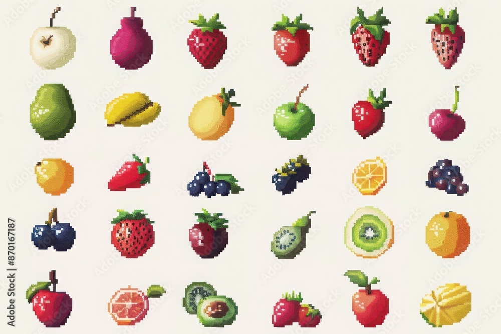 Wall mural Colorful pixel art of various fruits including apples, strawberries, kiwis, and more, displayed in a grid on a white background.