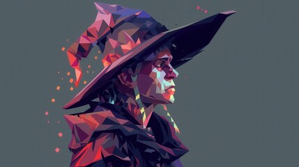 Colorful low-poly illustration of a person in a witch hat, showcasing unique geometric shapes and vibrant hues on a dark background.