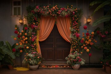 Beautiful Diwali Doorway Adorned with Floral Arrangements and Drapes for Celebration