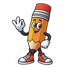 A pencil cartoon character, looking happy and friendly, wearing red shoes and white gloves