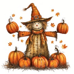 Cheerful Autumn Scarecrow with Pumpkins - Detailed Illustration on White Background