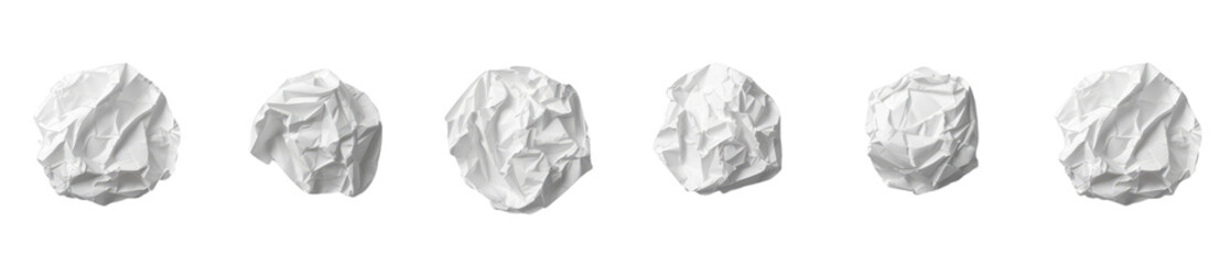 Obraz premium A set of crumpled paper balls isolated on a transparent background, viewed from the top.