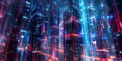 Fototapeta premium A futuristic cityscape at night, illuminated by neon lights and skyscrapers, with buildings having intricate designs.