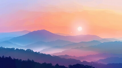 Obraz premium Serene mountain landscape at sunrise with layered mist and vibrant colors, capturing the beauty and tranquility of nature in the early morning.