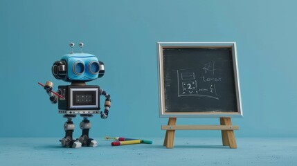 Cute blue robot teaching a class with chalkboard and pencil in classroom