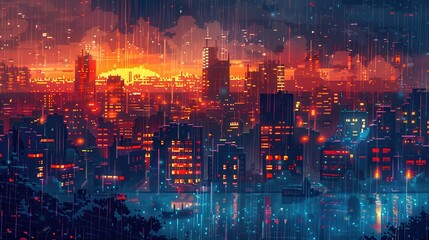 Fototapeta premium Vibrant digital artwork cityscape dusk, illuminated colorful lights reflections during enchanting rainy evening.