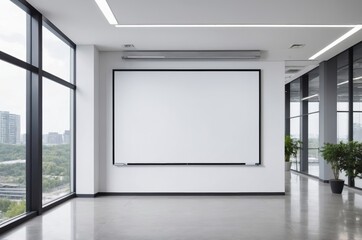 Minimalistic office interior featuring large whiteboard sleek lines and city view through window