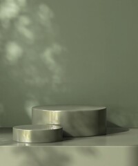Two modern and minimal green geometric round cylinder podium in sunlight, shadow on wall, countertop for luxury beauty, skincare, cosmetic, body care product display background 3D