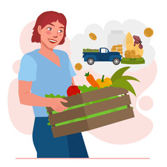 woman farmer carrying produce veggies with financial dream illustration