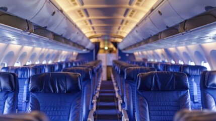 Fototapeta premium Empty Airplane Cabin with Blue Seats