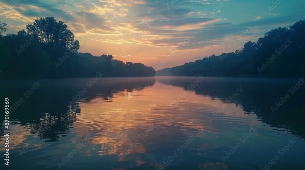 Poster The calm of a sunrise over a river, with the water reflecting the soft colors of the sky, brings a sense of peace and renewal