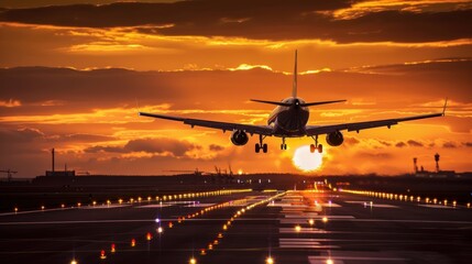 Airplane Landing at Sunset on a Runway