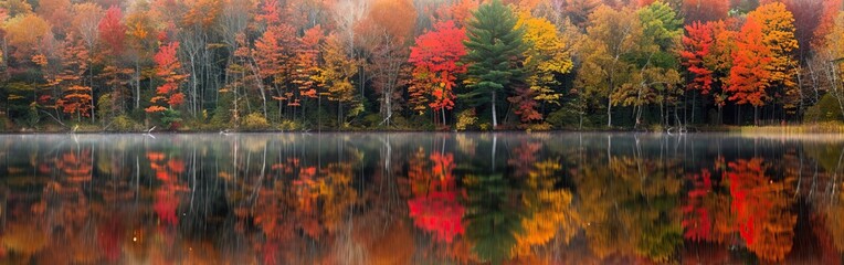Colorful autumn foliage reflecting on a calm lake for picturesque and serene fall landscape with vibrant seasonal colors